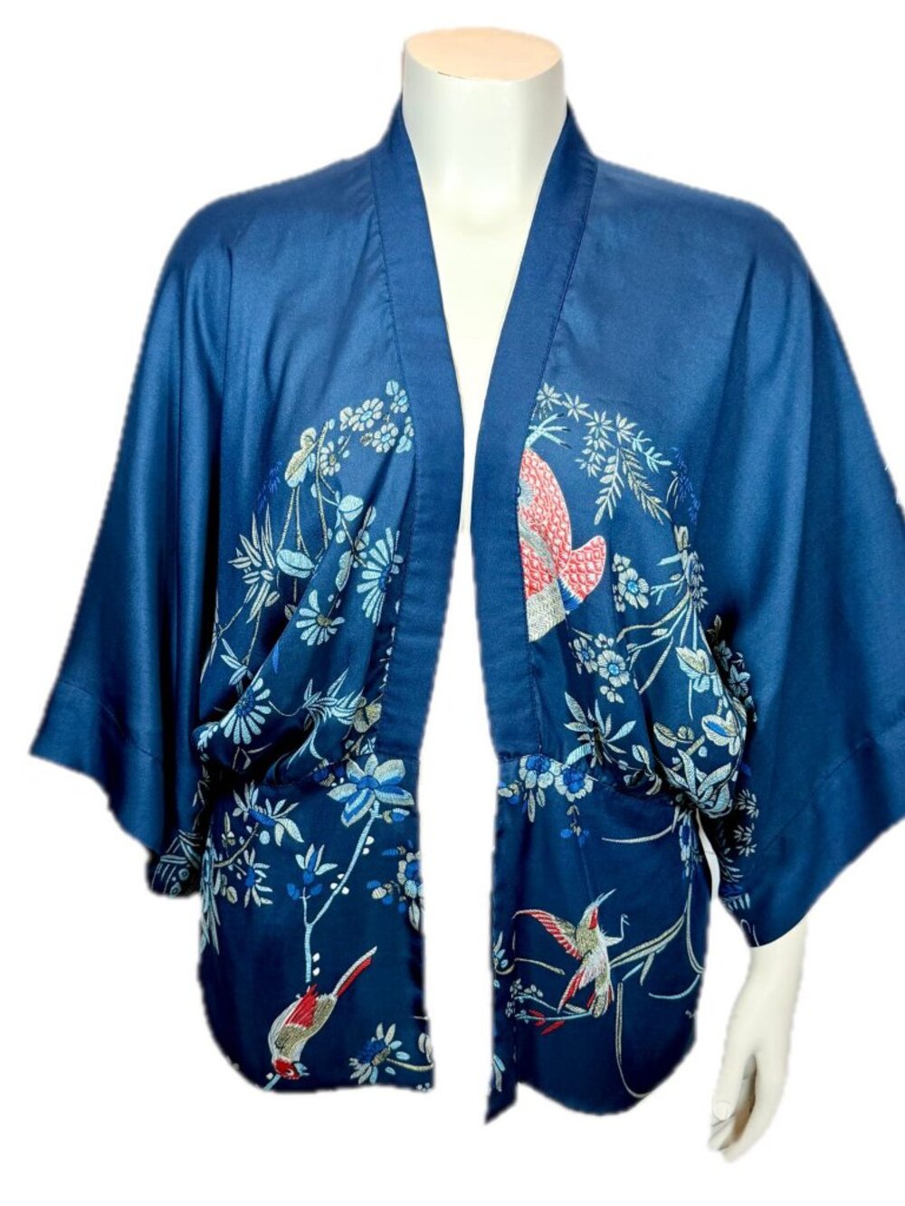 Forever 21 Women's Kimono Jacket One Size Blue Floral Bird Polyester